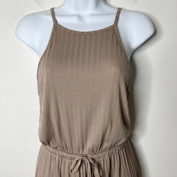 Pink Rose Women's Maxi Dress S Tan Sleeveless Blouson Ribbed Drawstring Long - Picture 3 of 8